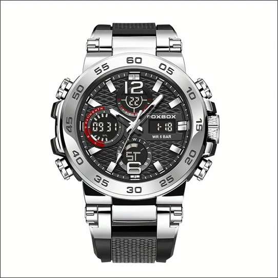 Foxbox Men's Military-Style Hiking Sports Watch, Dual Display, Quartz Movement (Black)