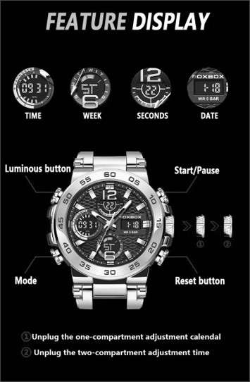 Foxbox Men's Military-Style Hiking Sports Watch, Dual Display, Quartz Movement (Black)