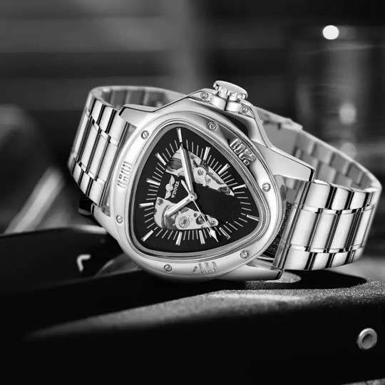 Winner - Unique Hollow Triangle Design, Automatic Mechanical Movement, SILVER Stainless Steel Alloy