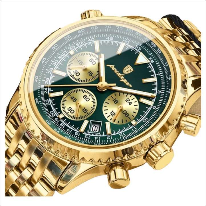 POEDAGAR Luminous Calendar Stainless Steel Chronograph Quartz Watch For Men (Green)