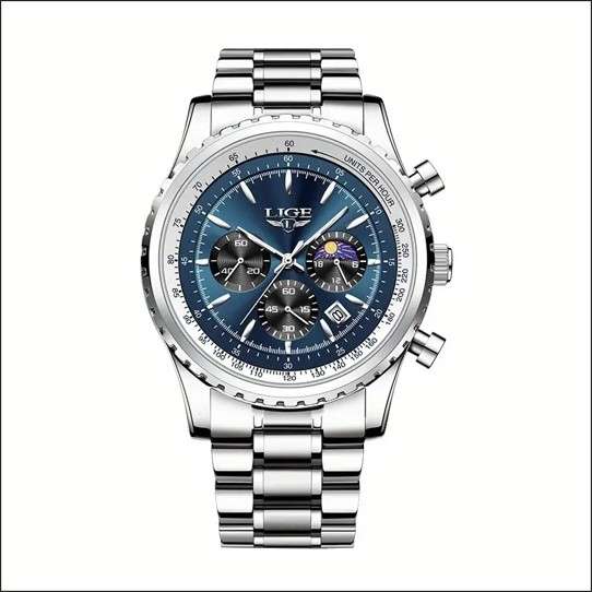 LIGE Men's Quartz Watch, Luminous Dial, Sports Multifunctional Chronograph, Moon Phase Calendar