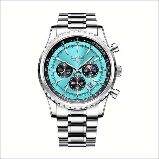 LIGE Men's Quartz Watch, Luminous Dial, Sports Multifunctional Chronograph, Moon Phase Calendar