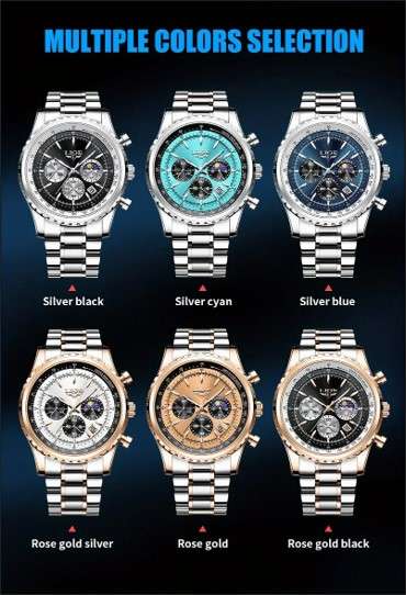 LIGE Men's Quartz Watch, Luminous Dial, Sports Multifunctional Chronograph, Moon Phase Calendar