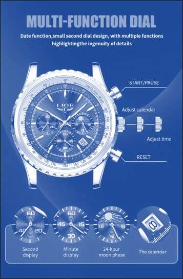 LIGE Men's Quartz Watch, Luminous Dial, Sports Multifunctional Chronograph, Moon Phase Calendar