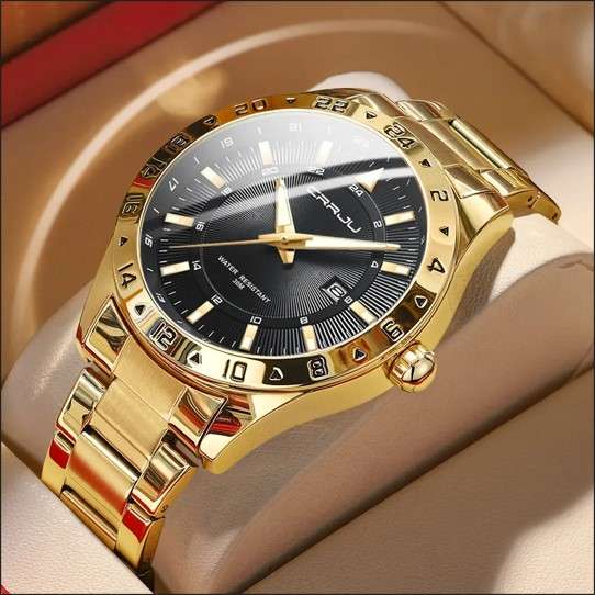 CRRJU 5007 High Quality Luxury Full Stainless Steel Quartz Watch For Men - Golden Black Color