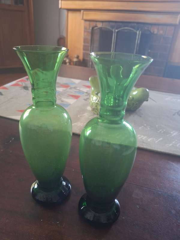 Green glass vases x 2