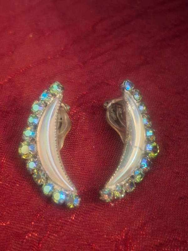 Vintage moon shaped earrings clip on satin glass and crystal