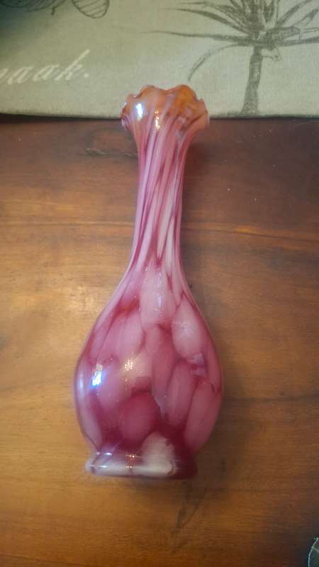 Art Glass Bud Vase Red to Orange Splatter-Stripe Ruffle Rim Vintage.