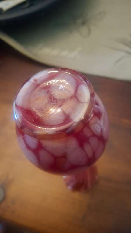 Art Glass Bud Vase Red to Orange Splatter-Stripe Ruffle Rim Vintage.