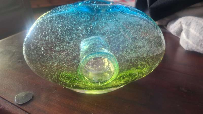 Vintage Margies Garden California Blue Aqua Green Donut Hole Art Glass Vase