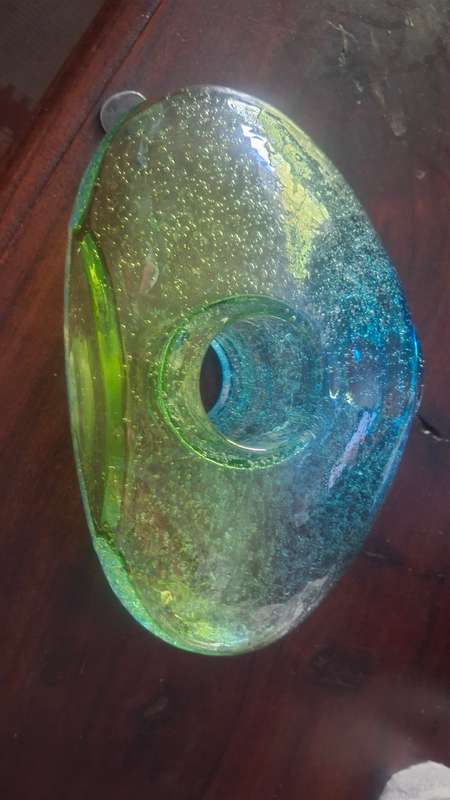 Vintage Margies Garden California Blue Aqua Green Donut Hole Art Glass Vase
