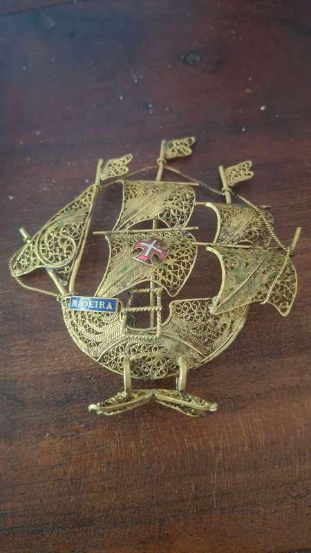 Vintage Miniature Brass Filigree Sailing Ship-Portugal-x2