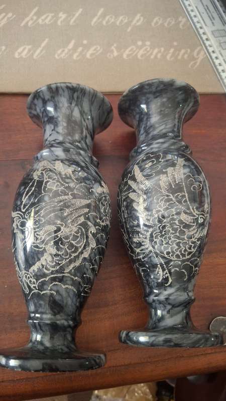 Vintage Black Marble vase decorated with etched bird and dragon