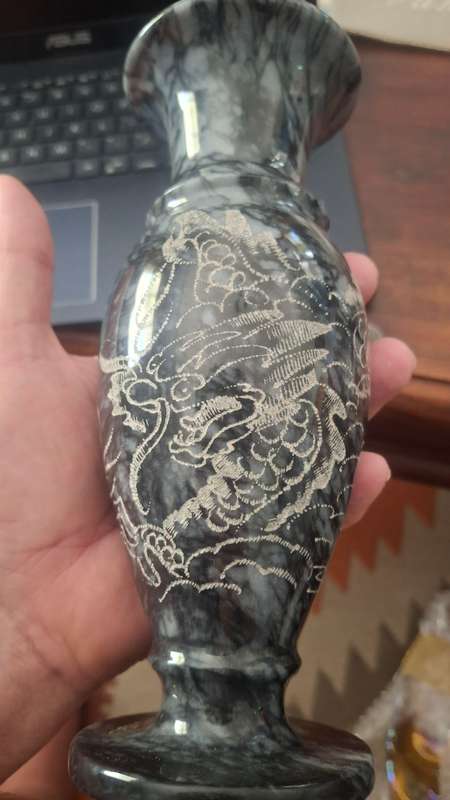 Vintage Black Marble vase decorated with etched bird and dragon