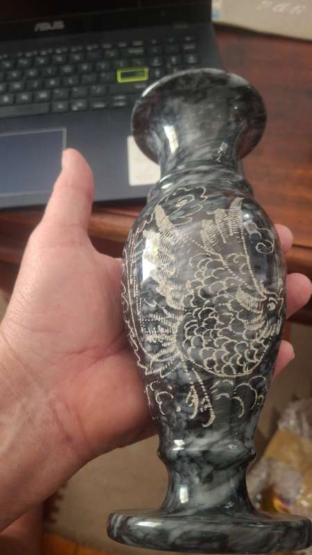 Vintage Black Marble vase decorated with etched bird and dragon