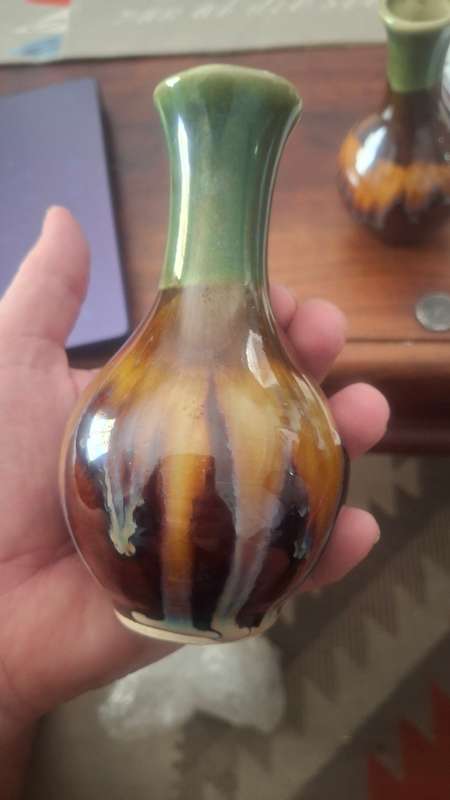 Vintage German Green & Brown Drip Glaze VASES x2