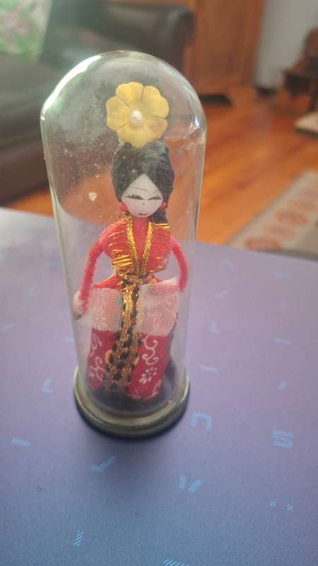Miniature oriental doll, Chinese, Japanese doll in glass dome, traditional dress, national costume v