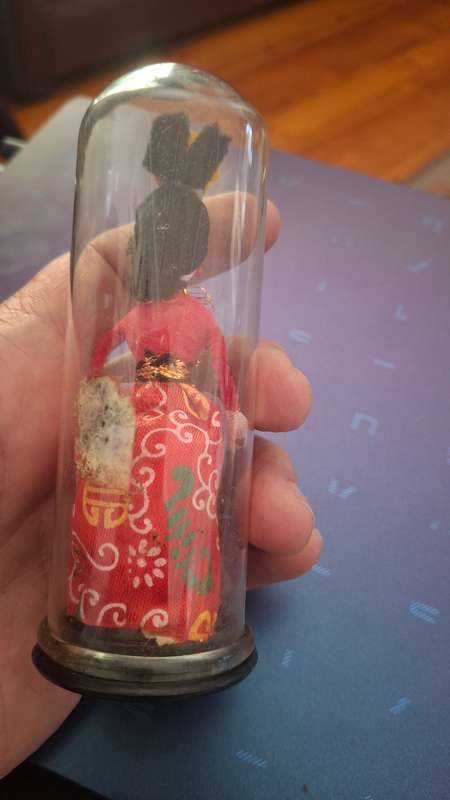 Miniature oriental doll, Chinese, Japanese doll in glass dome, traditional dress, national costume v