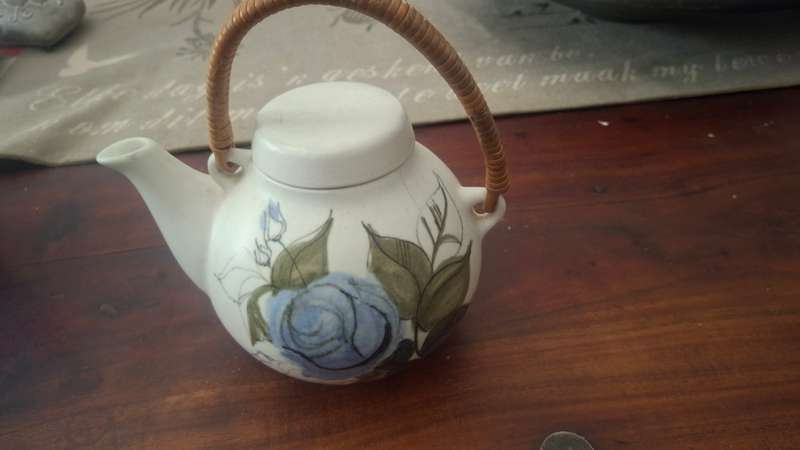 Vintage Arabia FINLAND Hand Painted Blue Rose Floral Design Teapot with Rattan handle