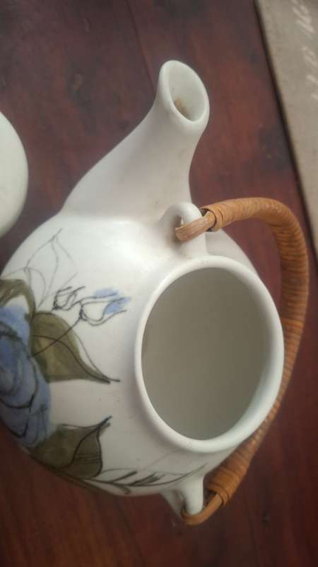 Vintage Arabia FINLAND Hand Painted Blue Rose Floral Design Teapot with Rattan handle
