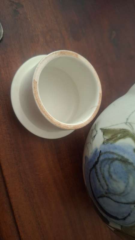 Vintage Arabia FINLAND Hand Painted Blue Rose Floral Design Teapot with Rattan handle