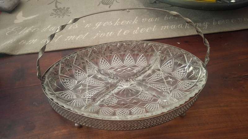 Vintage Crystal Serving Tray, Divided Condiment Tray with Silver Carrier Basket