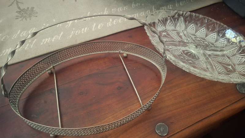 Vintage Crystal Serving Tray, Divided Condiment Tray with Silver Carrier Basket