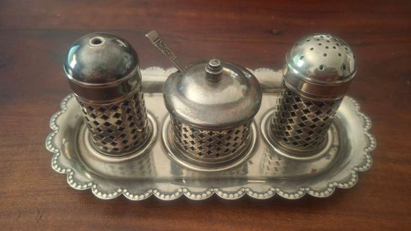 Salt Pepper Mustard Tray Set 11 Piece Set 1960s Cobalt Blue Glass Silverplate