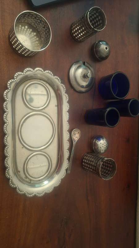 Salt Pepper Mustard Tray Set 11 Piece Set 1960s Cobalt Blue Glass Silverplate