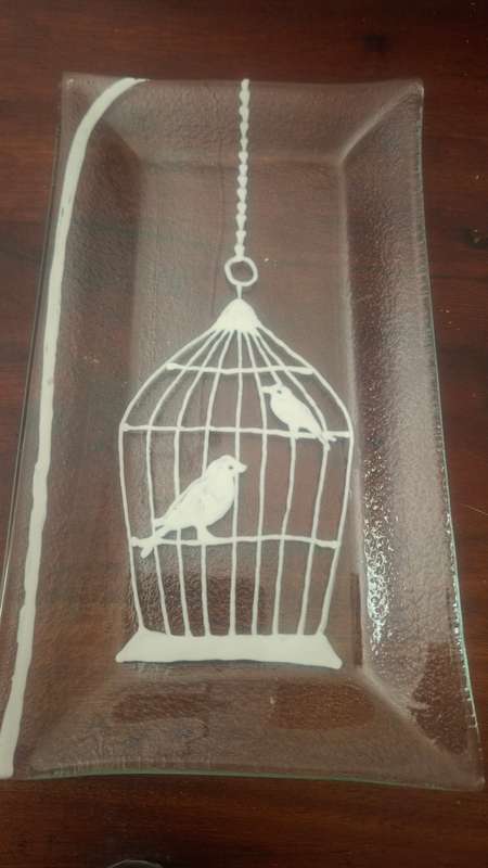 Small glass serving plate with birds