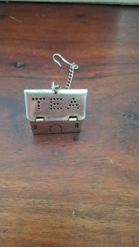 VINTAGE METAL TEA CONTAINER SILVER PLATED SHAPED LIKE A BARN TEA BREWING -