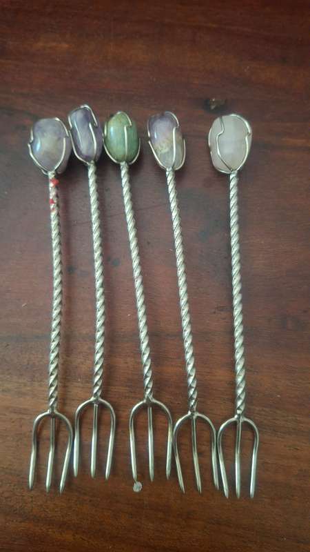 1950s Silver Cocktail Skewers Set of 6 With Semi-Precious Stones, Cocktail Skewers With Crystals