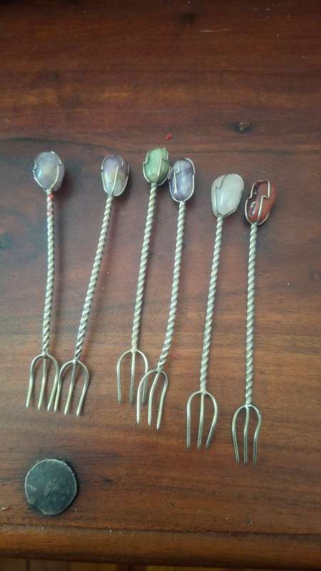 1950s Silver Cocktail Skewers Set of 6 With Semi-Precious Stones, Cocktail Skewers With Crystals