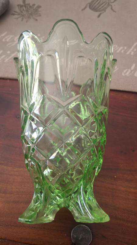 Vintage Green Footed Vase Pressed Glass Design Fluted Diamond Cut Pattern