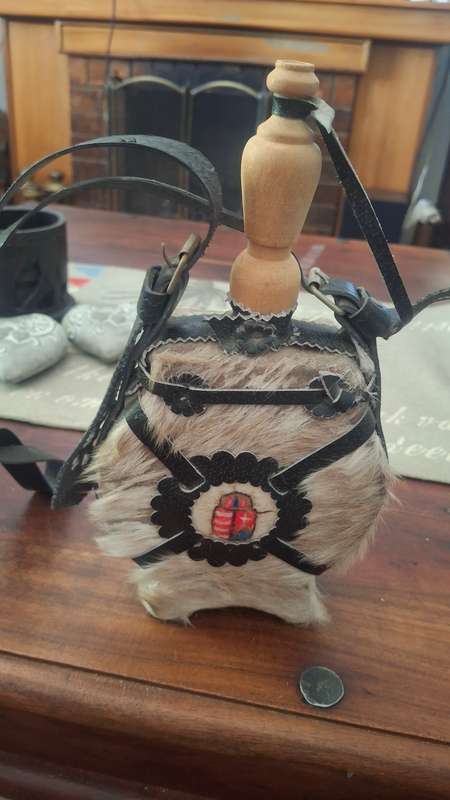 Folk art European handmade fur, leather and felt covered flask with wooden stopper