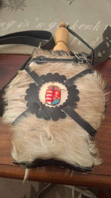 Folk art European handmade fur, leather and felt covered flask with wooden stopper