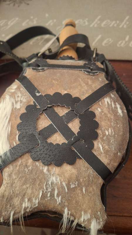 Folk art European handmade fur, leather and felt covered flask with wooden stopper