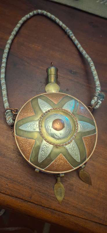 Vintage Moroccan Berber Etched Brass Copper Dinking Flask or Gun Powder Flask