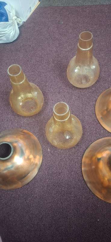 3 copper and glass lamp lights covers vintage