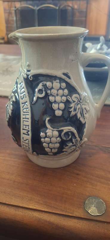 Vintage Stein German Pottery Trink Edlen Wein Aus Kuhlem Pitcher with Grapes