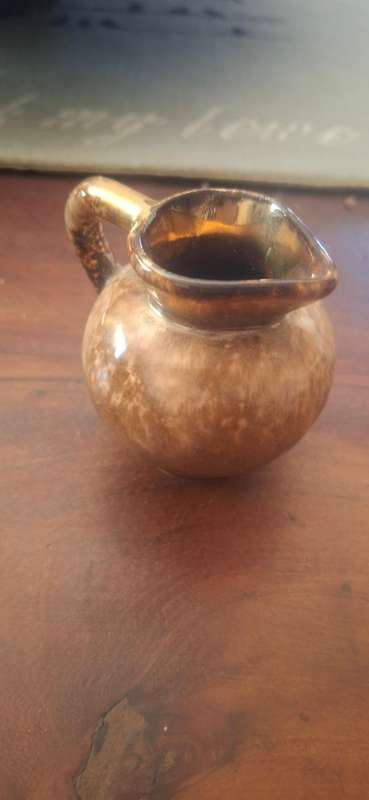 Vintage Mid Century 'Foreign' Two Matching Small Gilded Art Pottery Jug Vase
