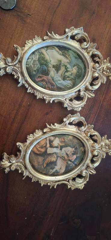 Pair of Vintage Empire Made in Italy Ornate Oval Picture Frames with silk Pictures