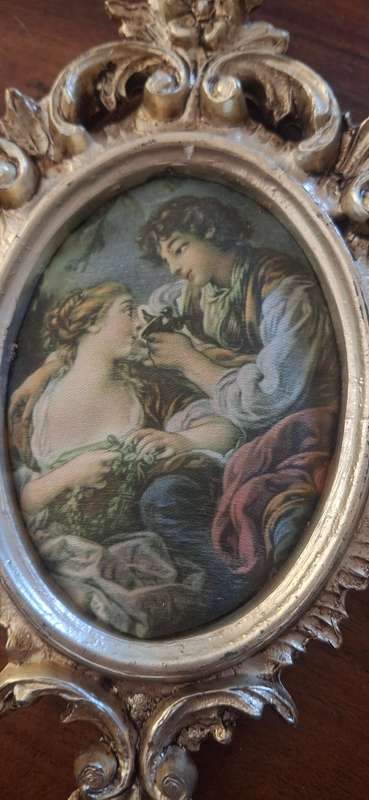 Pair of Vintage Empire Made in Italy Ornate Oval Picture Frames with silk Pictures