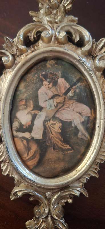 Pair of Vintage Empire Made in Italy Ornate Oval Picture Frames with silk Pictures