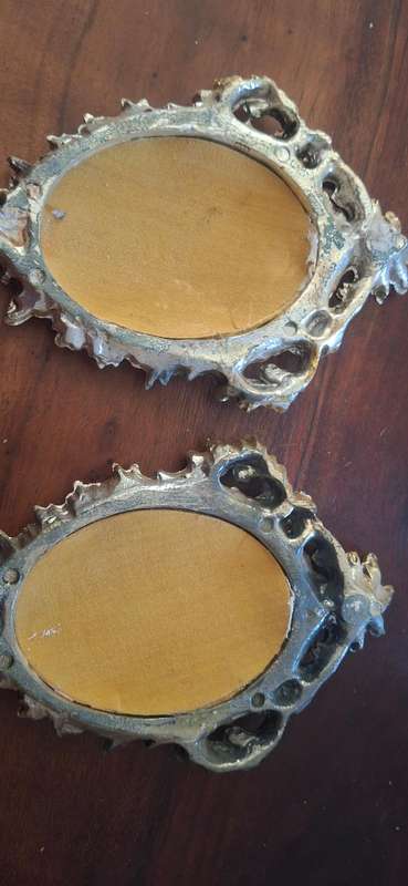 Pair of Vintage Empire Made in Italy Ornate Oval Picture Frames with silk Pictures