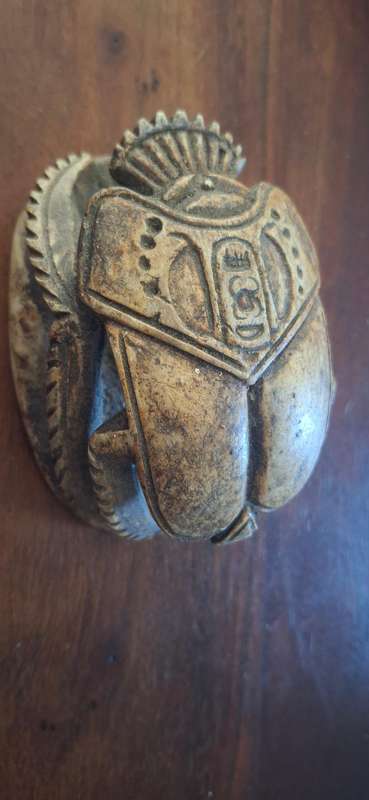 Egyptian Scarab Beetle Hand Carved Stone Heavy Paperweight With Hieroglyphs VTG