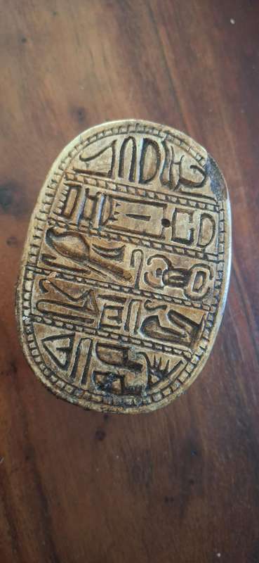 Egyptian Scarab Beetle Hand Carved Stone Heavy Paperweight With Hieroglyphs VTG