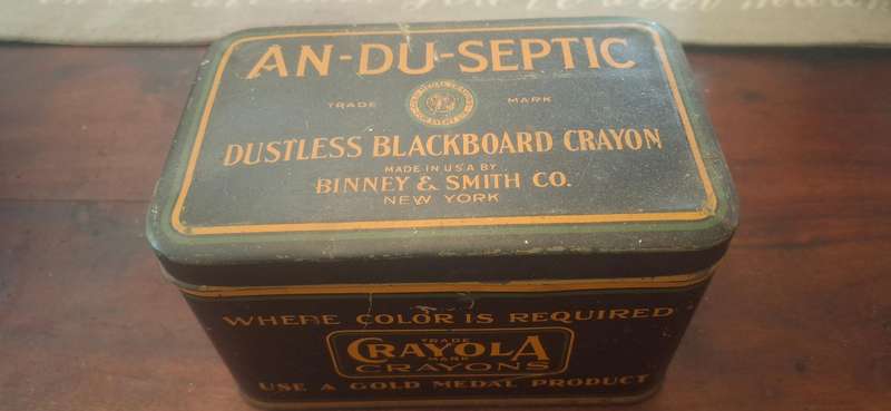 An du septic ductless black board crayons tin vintage