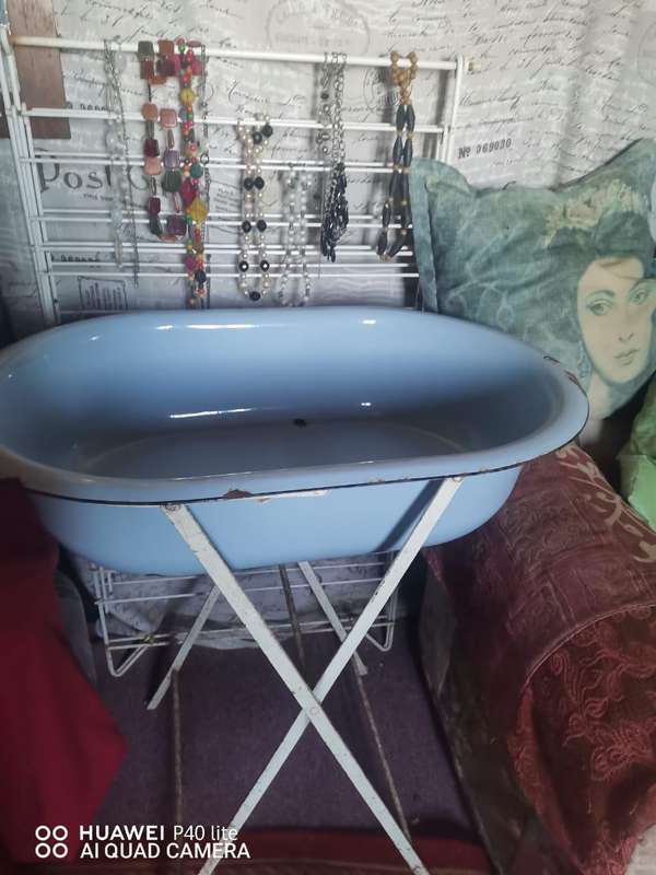 Vintage enamel baby bath on stand