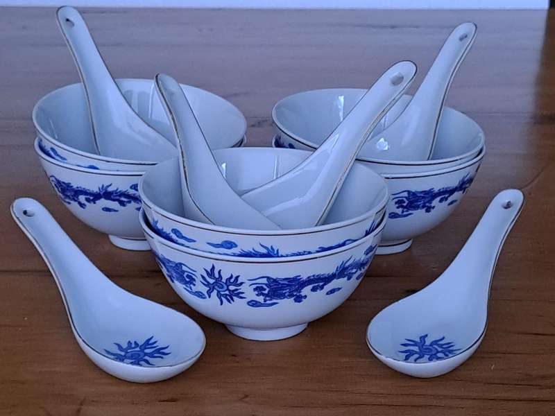 Chinese Rice Bowls and Spoons - Set of six